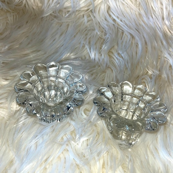Other - Set of 2 clear glass candleholders. 2 1/8” tall. Flower. Excellent condi…